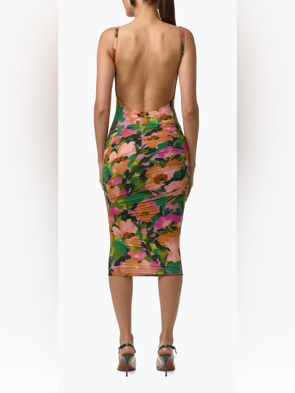 naked wardrobe Floral Ruched Midi Dress in Pink, Green & Orange - Picture 3 of 9